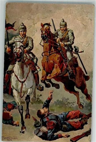 1914 sign. Wehrmann Deutsche Dragoner in Uniform zu Pferde treffen auf Franzosen Verlag für Volkskunst Nr. 175