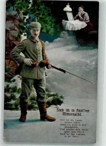 1915 Landser in Uniform denkt auf einsamer Wacht an seine Liebste daheim Eisernes Kreuz R & K.L. Serie 2586/4 Feldpost 1. Bayer. Res.-Korps