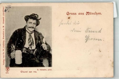 München 1897 sign. Schmitz E. Bierkrug Pfeife Verlag F.W.J. 169