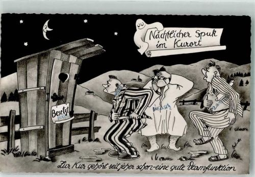 Lange Schlange vor dem bestzten Toilettenhäuschen in der Nacht Kur Hüttenstempel Berghof Schroffen