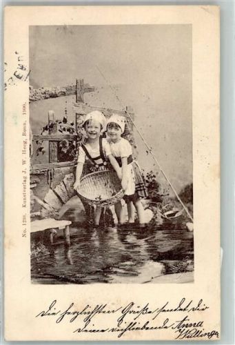 1900 Zwei Kinder mit einem Weidenkorb und Angelrute im Wasser Verlag Heeg No. 1298