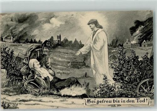 1916 sign. Gaber Landsturmmann kümmert sich um tödlich getroffenen Kameraden dem Jesus erscheint Verlag Karl Voegels Feldpost Dingolfing