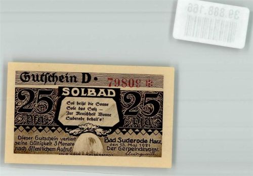 Bad Suderode 1921 25 Pfennig Gutschein Solbad D 79808