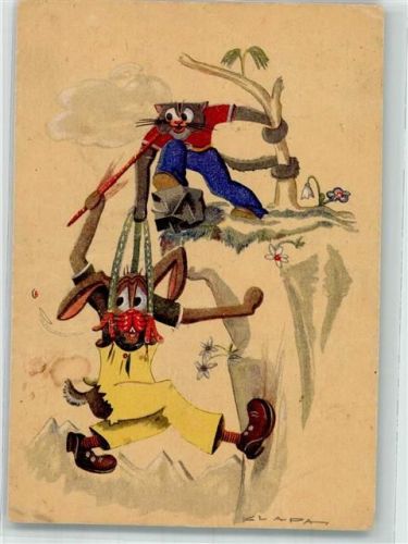1947 sign. Klapa Katze und Hase als Bergsteiger Humor
