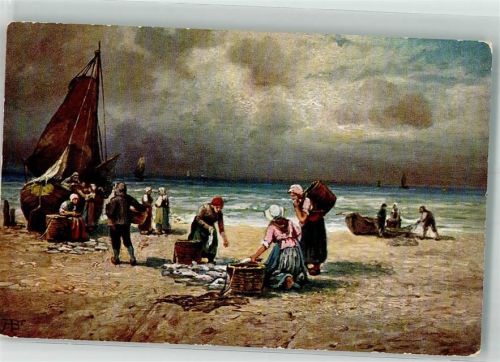 1908 Segelboot Fischer Frauen Fische sign. FB ASM Serie 555
