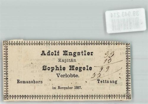 Tettnang 1887 Verlobungsanzeige Adolf Enstler Sophie Hegele