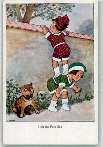 1925 Kinder Neugier Apfelbaum Hund Verlag A. Rehn Serie 1321-1 sign. Zahl H.