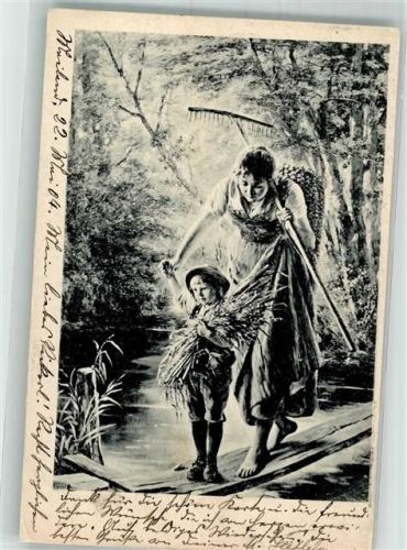 Bäuerin mit ein Rechen Kind mit Heu Landwirtschaft 1904 Künstlerkarte