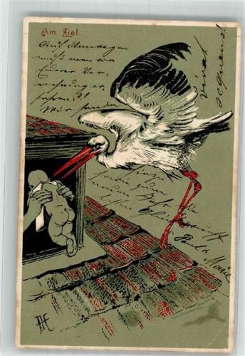 1901 Prägedruck Der Klapperstorch bringt ein Baby zum Fenster hinein Geburtstag
