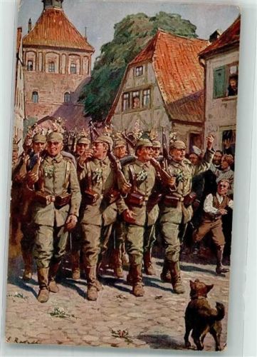 1917 sign. Roloff Ausmarsch der Blumengeschmückten Landser Hund Uniform Wohlfahrtskarte Rotes Kreuz Feldpost Straubing