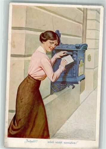 Junge Frau wirft einen Feldpostbrief für den Liebsten im Felde in den Briefkasten Serie Sonnenschein in ernster Zeit Nr. 1