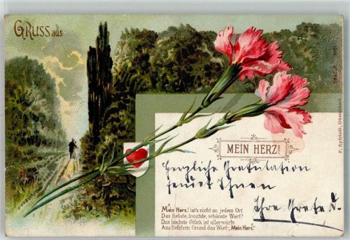 1901 Nelken Spruch Gruss aus Lithographie E.B.C.i.B. Nr.9221