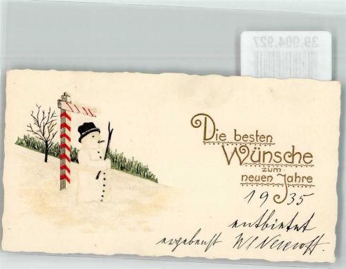 1935 Neujahr Schneemann mit Zigarre an einem Wegweiser KEINE AK