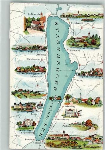 Ambach 1922 Landkarte vom Starnberger See mit Anrainerorten und Sehenswürdigkeiten Verlag Zieher, Ottmar
