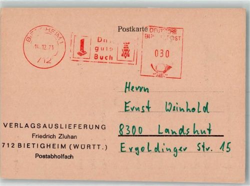 Bietigheim 1973 Handlung Verlagsauslieferung F. Zluhan Geschäftskorrespondenz