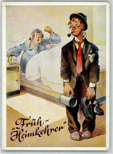 Ehefrau erwartet zeternd den heimkommenden Mann im Bett Verlag Lengauer Nr. 3151 Hüttenstempel Herbstfest Rosenheim