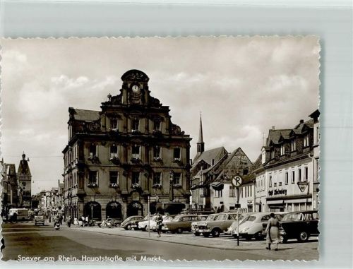 Speyer Hauptstraße mit Markt und Alter Münze Oldtimer VW Käfer Mercedes