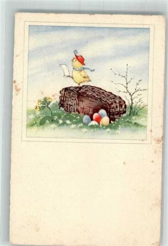 1956 Korb bunte Eier Küken vermenschlicht Verlag Haering 6442