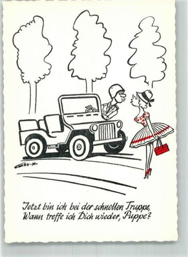 Soldat im Jeep küsst seine Liebste auf dem Bordstein
