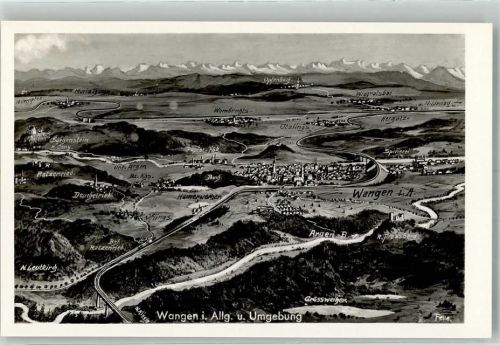 Wangen sign. Felle, Eugen Vogelschau der Gegend um Wangen mit Alpenpanorama