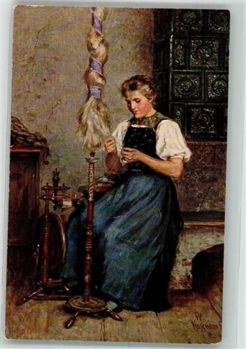Junge Frau in Tracht am Spinnrad Serie VI Nr. 9
