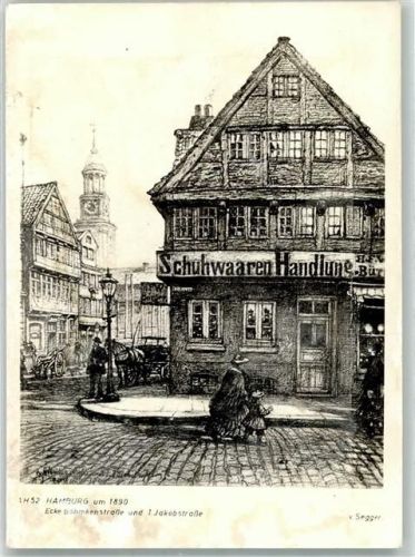 Hamburg 1974 sign. v.Segger Geschäft 1. Jakobstrasse Alt-Hamburg um 1890 Radierung