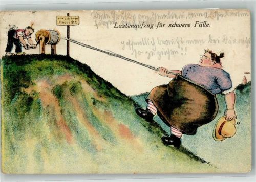 1933 Dünner Mann zieht seine beleibte Frau mit einem Lastenaufzug den Hügel hoch Humor WSSB No. 343 Künstlerkarte
