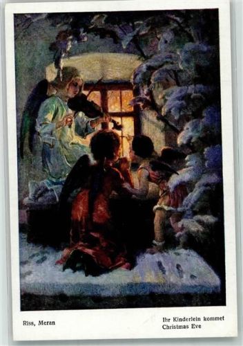Weihnachten Engel musizieren vor dem erleuchtetem Fenster