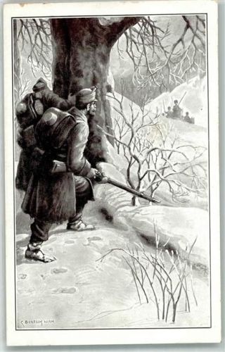 sign. Benesch Landser beobachten aus der Deckung heraus eine sich im Winter nähernde feindliche Truppe WK I