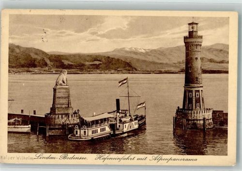 Lindau Raddampfer Kaiser Wilhelm Hafeneinfahrt m. Alpenpanorama Leuchtturm