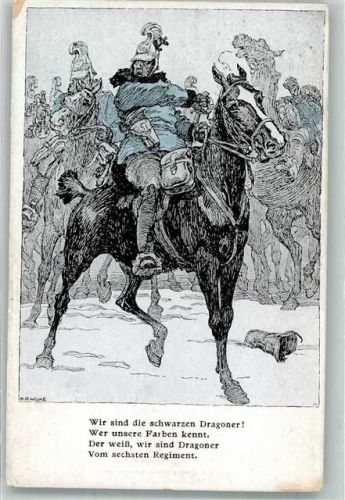 sign. Wilke K.A. Schwarze Dragoner Kriegspotkarte Nr. 6 Die Muskete