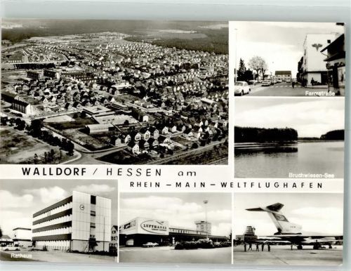 Walldorf Fliegeraufnahme des Ortes Rhein-Main-Flughafen Rathaus Bruchwiesen-See Farmstraße