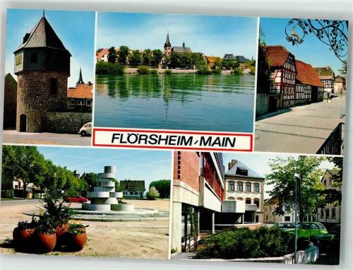 Flörsheim Mainturm Main mit Sankt Gallus Kirche Berliner Brunnen Fachwerkhäuser