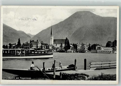 Rottach-Egern 1937 Fahrgastschiff auf dem Tegernsee vor der St. Laurentius Kirche Fotograf Käthi Funk