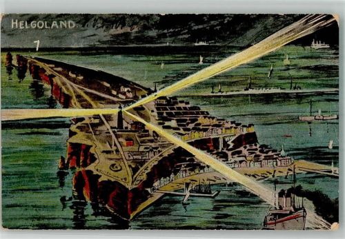 Helgoland 1910 Vogelschau der Insel mit Leuchtturm bei Nacht