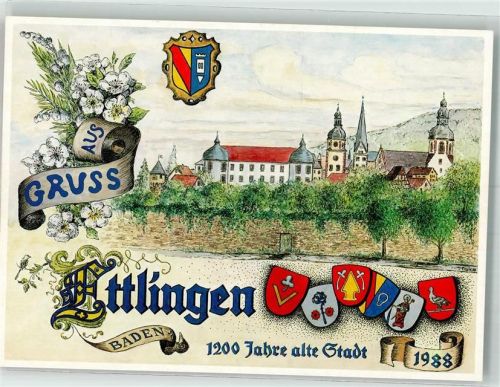 Ettlingen 1988 sign. Frank, Fritz Stadtwappen Rathaus St. Martin Kirche Schloss Ettlingen 1200 Jahr Feier