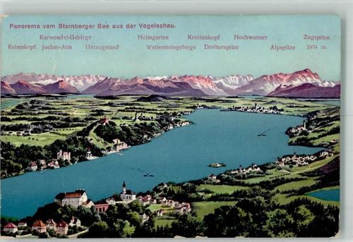 Starnberg 1914 mit Starnberger See Kirche St. Josef Schloss und Alpenpanorama Verlag Lorenz Fränzl No. 511/95
