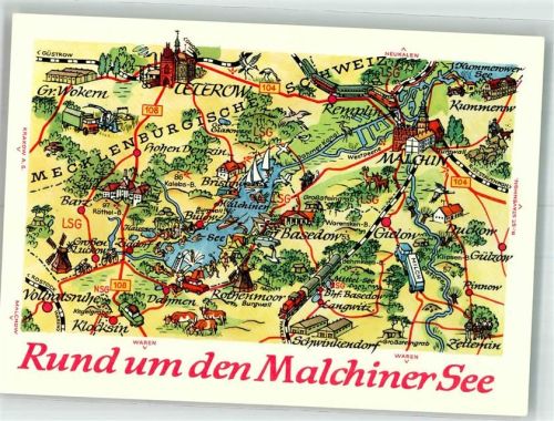 Malchin sign. Hoppe Stilisierte Landkarte des Malchiner Sees mit Sehenswürdigkeiten VEB Bild und Heimat