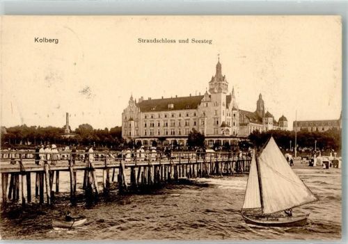 Kolberg 1909 Hotel Strandschloo Seesteg Segelboot