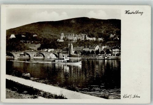 Heidelberg 1936 Fahrgastschiff vor alter Neckarbrücke und Schloss Heidelberg Fotograf Karl Peters Stempel Olympiade