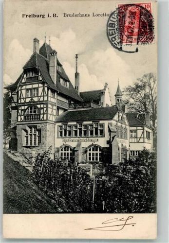 Freiburg 1907 Bruderhaus Loretto Bahnpost Frankfurt-Karlsruhe-Basel Zug 94