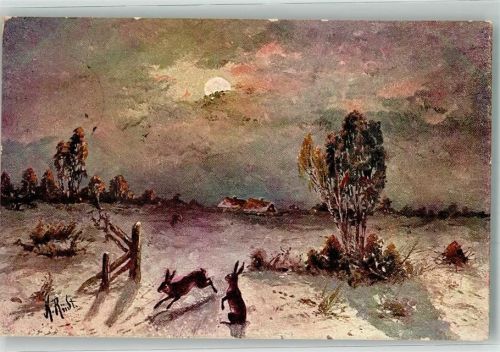 1906 sign. Rüdt A. Winterlandschaft Hasen HBI Serie 515