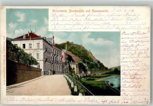 Königswinter 1901 Hotel Rolandseck Groyen mit Drachenfels und Nonnenwerth