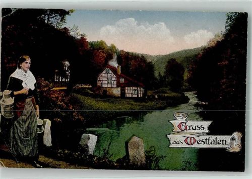 1922 Gruss aus Westfalen Bäuerin mit Milchkannen Text des Westfalenliedes von Emil Rittershaus Verlag Kettling & Krüger Nr. 2005