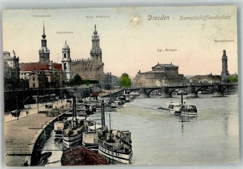 Dresden 1908 Dampfschiff Landeplatz Raddampfer Straßenbahn Friedrich August Brücke Straßenbahn