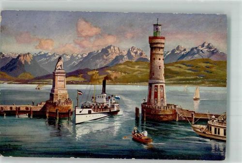 Lindau 1917 Dampfer Hafeneinfahrt Leuchtturm Löwendenkmal