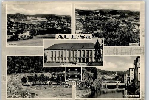 Aue Kulturhaus Ernst Thälmann, Muldenbrücken, Schwimmbad, Wappen