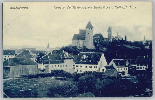 Kaufbeuren Partie an der Stadtmauer, Blasiuskirche, fünfknopf. Turm