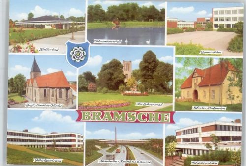 49565 W4550 Bramsche , Hase - Schwimmbad Hallenbad, Schwanenteich, Schule Gymnasium, Kloster Malgarten, Am Ehrenmal, Martins-Kirche, Schulzentrum, Autobahn-Raststätte Damme, Wappen