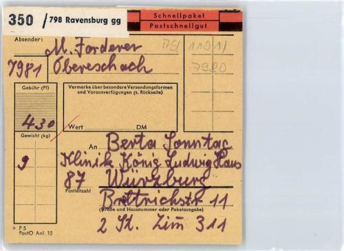 Ravensburg Paketkarte , Posthilfsstellenstempel
